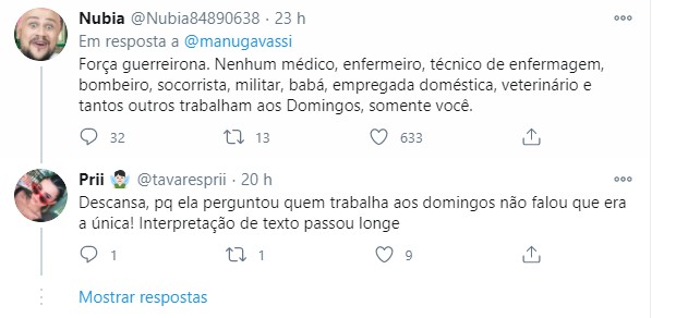 Seguidores comentam post de Manu Gavassi (Foto: Reprodução/Twitter)