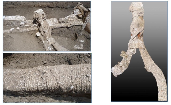 Partes de carruagem descobertas no quarto onde viveram escravos em Civita Giuliana (Foto: Pompeii sites)
