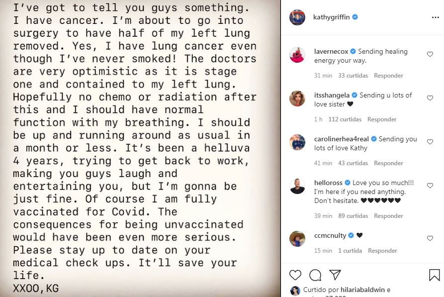 Kathy Griffin revela que está com câncer no pulmão (Foto: Reprodução / Instagram)
