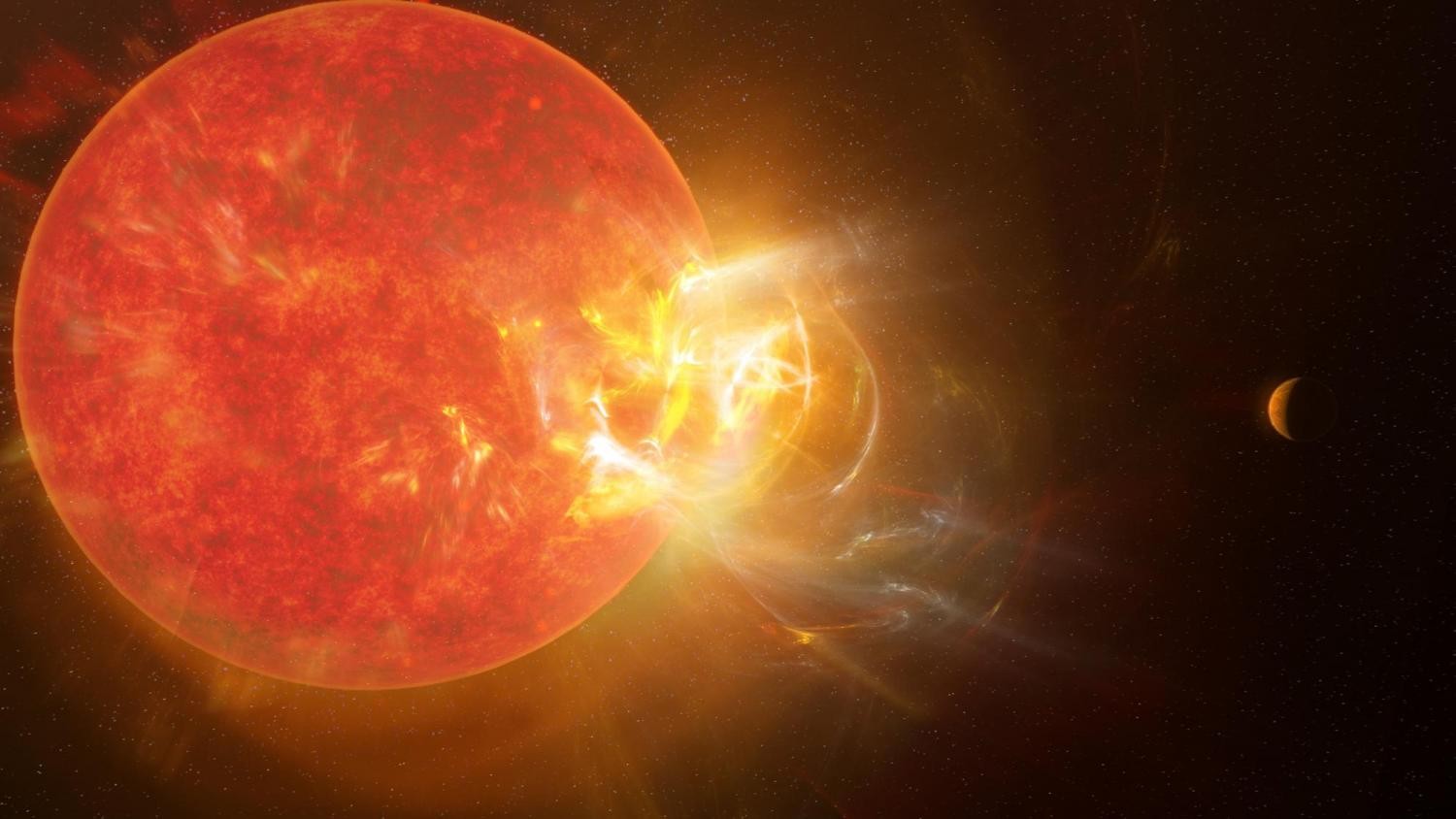 Erupção violenta saindo da estrela Proxima Centauri, a mais próxima do nosso Sol (Foto: NRAO/S.Dagnello)