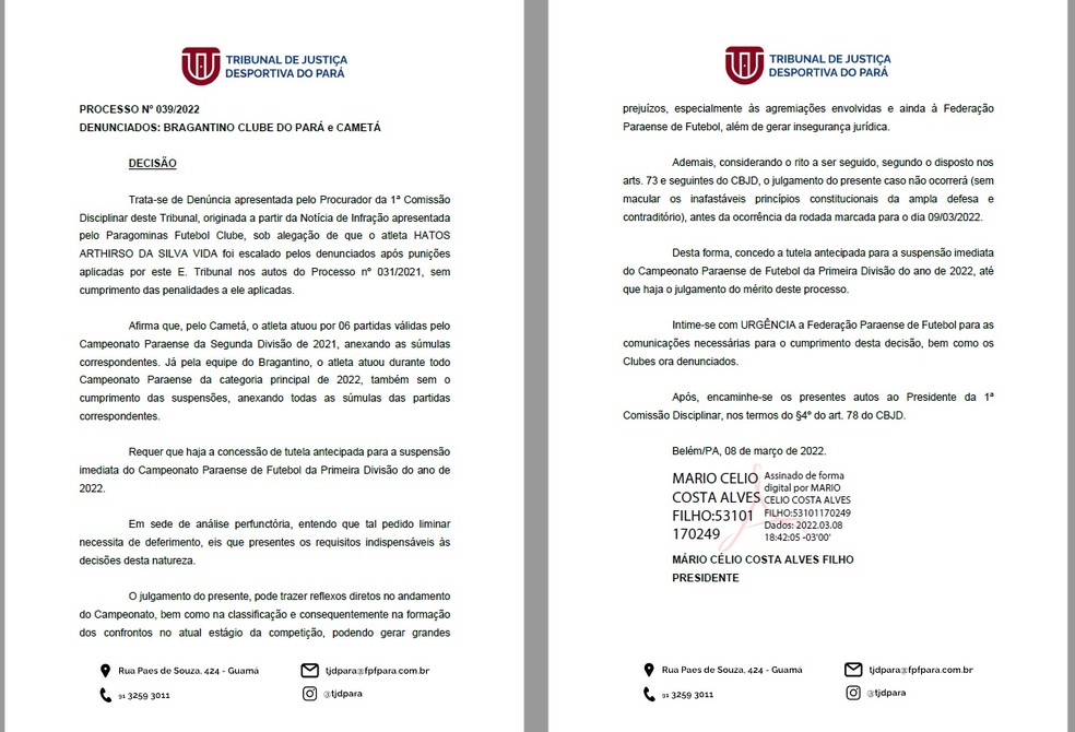 Decisão do TJD-PA suspendendo o Campeonato Paraense 2022 — Foto: Divulgação/TJD-PA