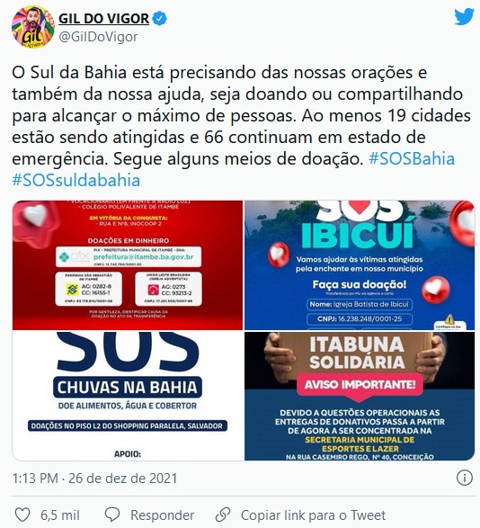 Gil do Vigor pede doações para a Bahia (Foto: Reprodução/Twitter)
