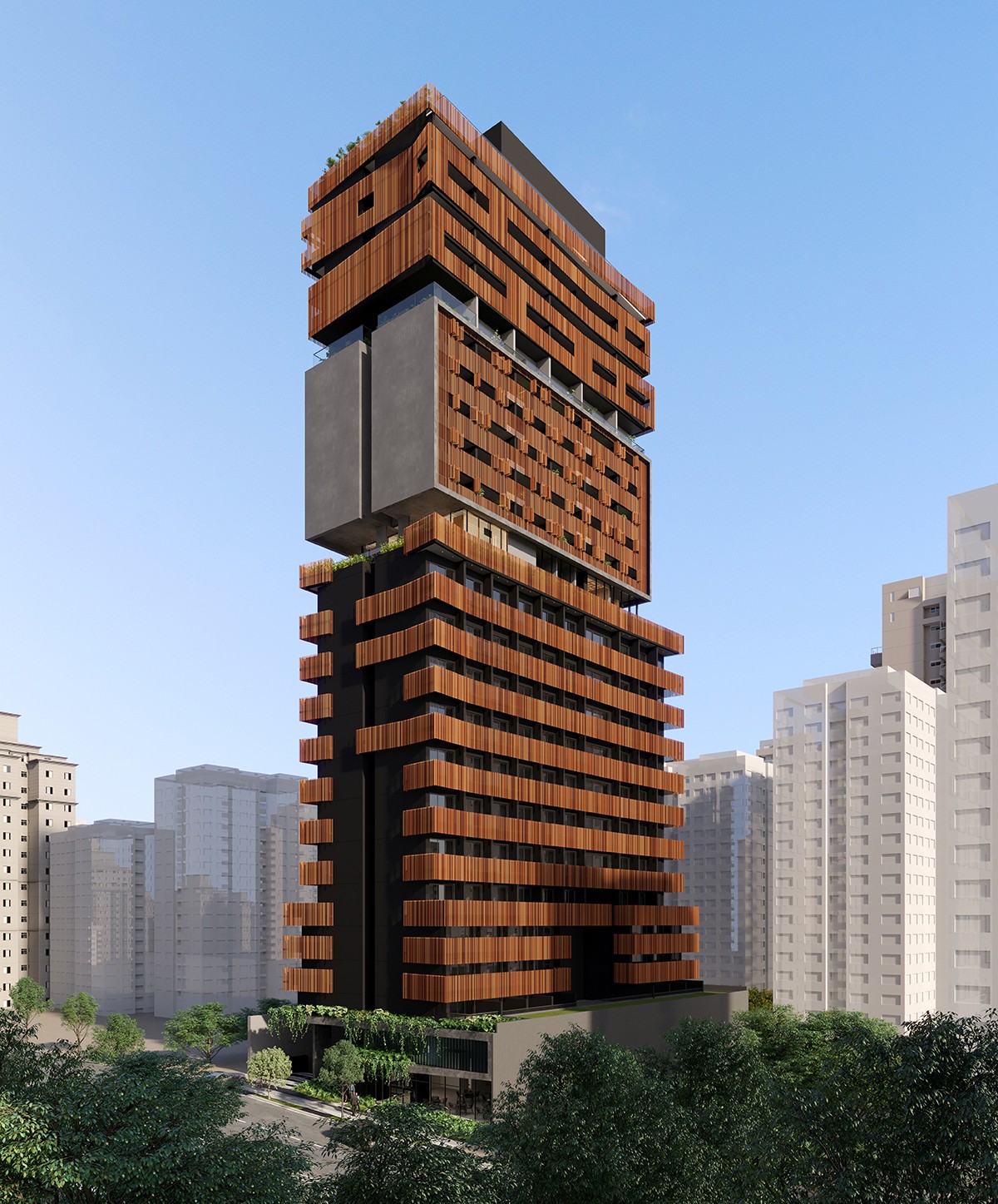 A  divisão do edifício – em uma espécie de fatias sobrepostas – tira o aspecto de caixa e o prédio se transforma em algo mais escultórico (Foto: You,inc / Divulgação)