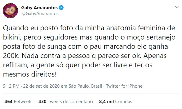Gaby Amarantos comenta sucesso de foto de Zé Neto de sunga (Foto: Reprodução/Twitter)