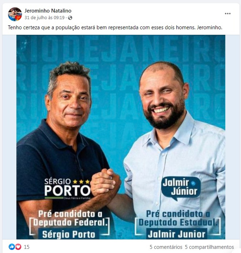 Jerominho anunciou nas redes sociais apoio a Sérgio Porto e Jalmir Júnior — Foto: Reprodução