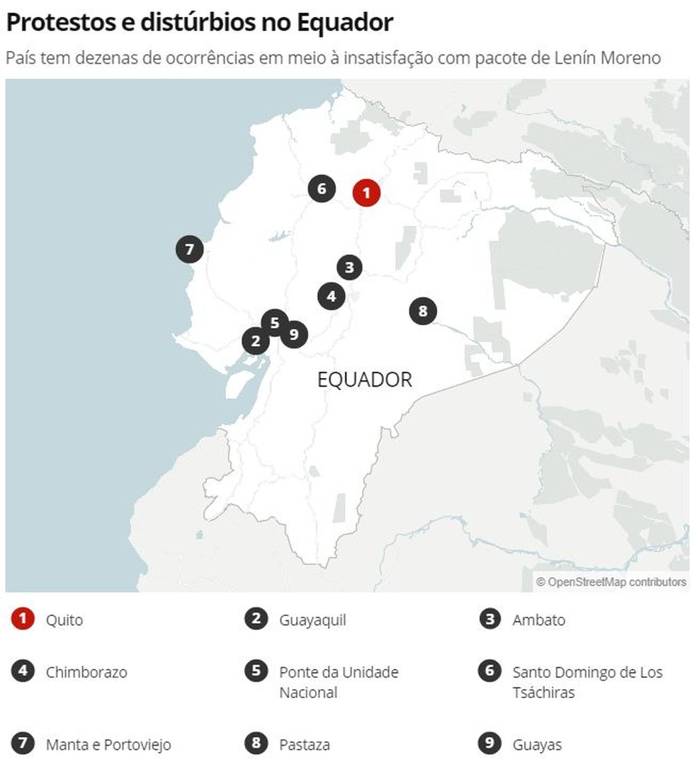 Mapa de distúrbios no Equador — Foto: G1 