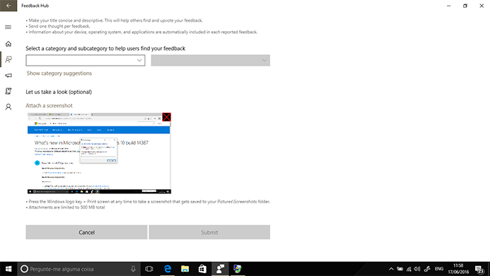 Windows 10 tem novo atalho que abre Feedback Hub com print da tela anexado (Foto: Reprodução/Elson de Souza)