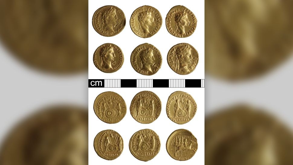 Seis das 11 moedas de ouro do Império Romano encontradas no interior da Inglaterra (Foto: Adrian Marsden)