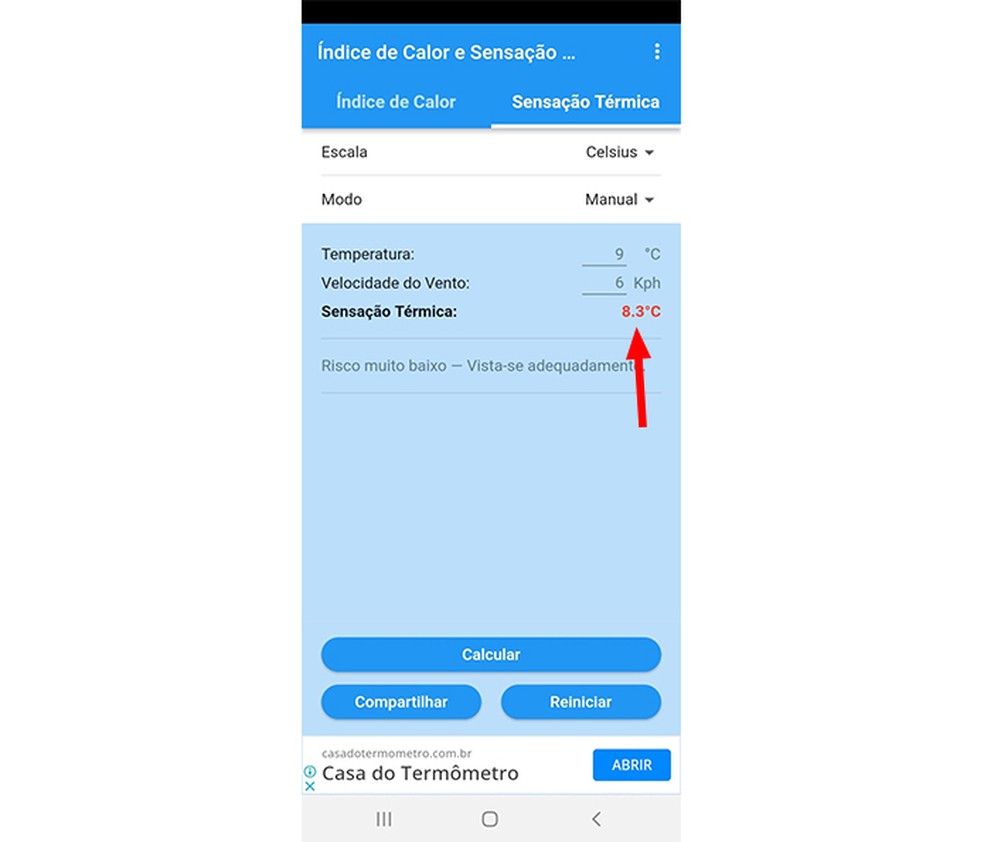 Confira o índice de sensação térmica na tela do app — Foto: Reprodução/Marcela Franco