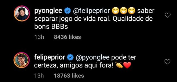 Pyong Lee e Felipe Prior marcam encontro fora do BBB (Foto: Reprodução/Instagram)