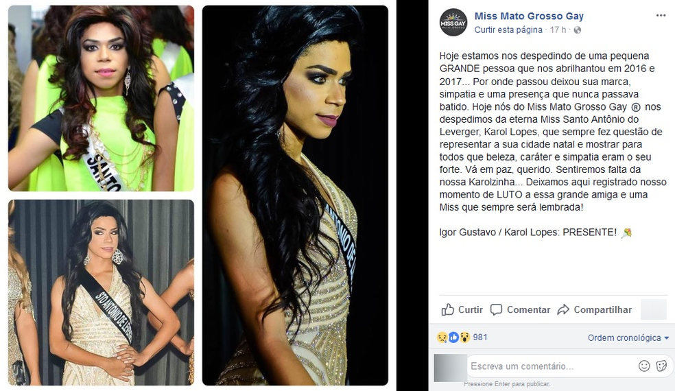 Mensagem de pesar pela morte de Karol Lopes foi publicada na página do Miss Mato Grosso Gay (Foto: Facebook/ Reprodução)