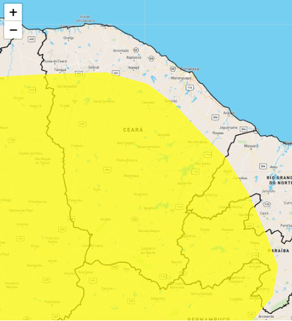 O alerta amarelo prevê umidade do ar entre 30% e 20% para as cidades dessas regiões. — Foto: Inmet/Divulgação
