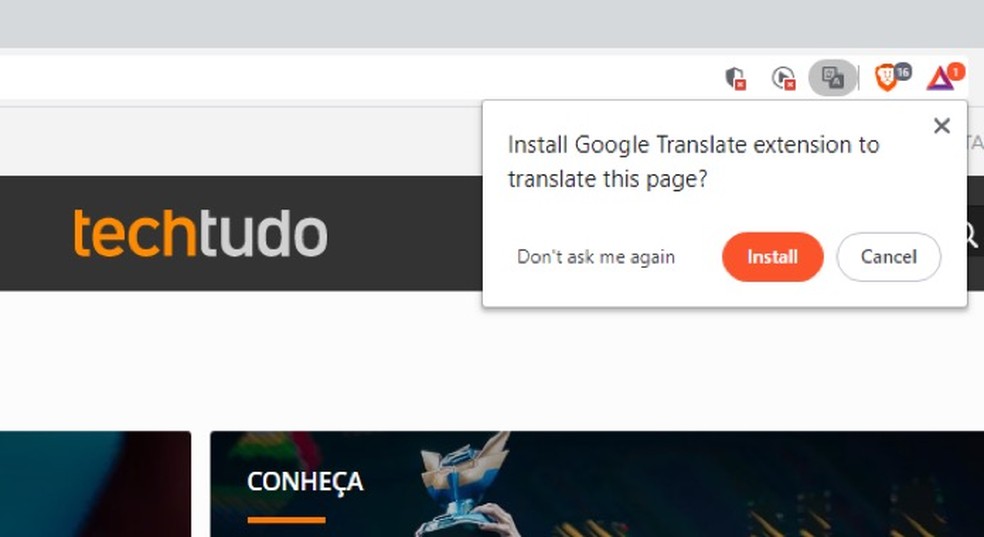 Alerta que oferece a instalação de extensões no navegador Brave — Foto: Reprodução/Marvin Costa