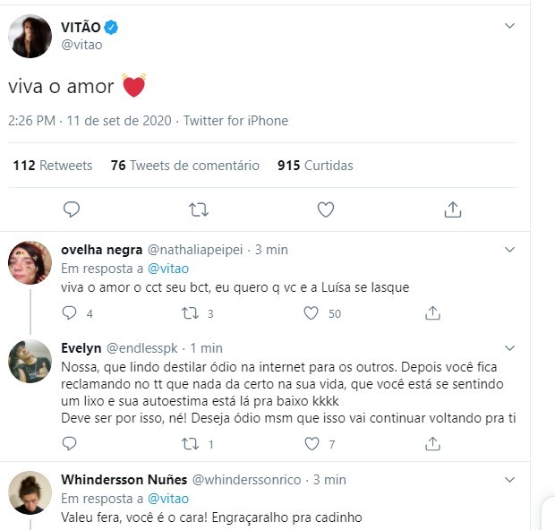 Vitão escreveu mensagem em meio à polêmica de sua relação com Luísa Sonza (Foto: Reprodução/Twitter)