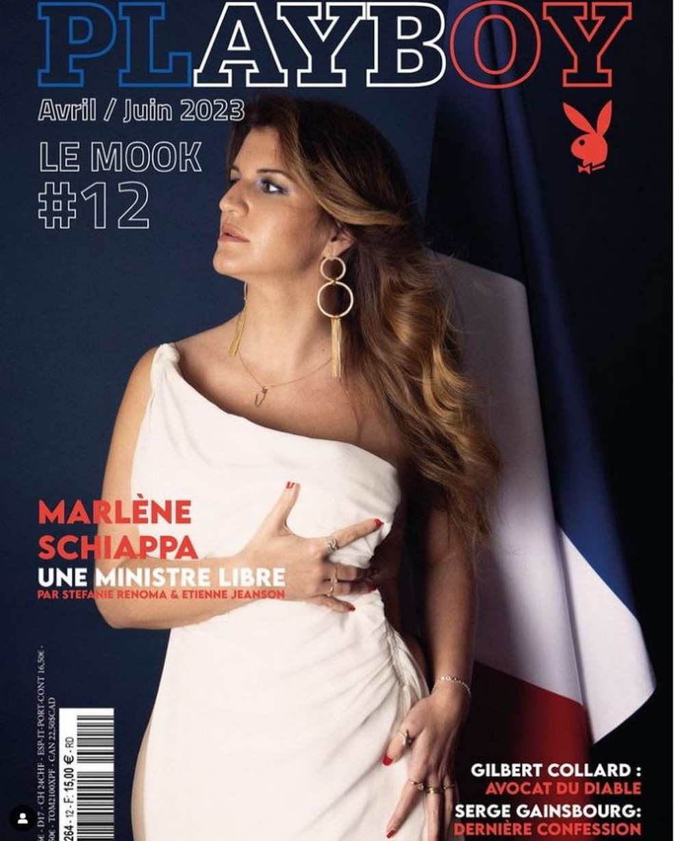 Divulgação da revista Playboy na França, que estrela a ministra Marlène Schiappa na edição de abril de 2023 — Foto: Divulgação