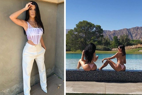 Kourtney Kardashian (esquerda) e sua irmã Kylie Jenner na piscina com uma amiga (direita) (Foto: Instagram)