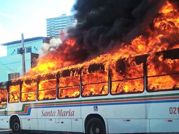 Ônibus foi destruído pelas chamas, ninguém se feriu (Foto: PM/Divulgação)