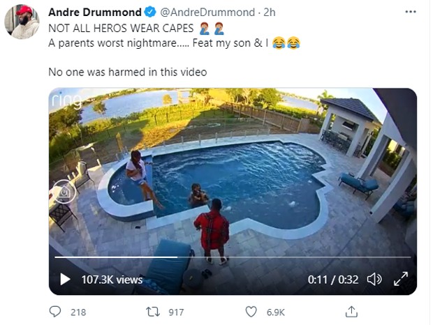 Andre Drummond salva Deon em piscina de mansão (Foto: Reprodução/Twitter)