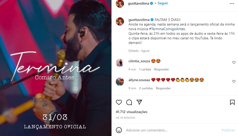 Gusttavo Lima faz post para divulgar nov single (Foto: Reprodução/Instagram)