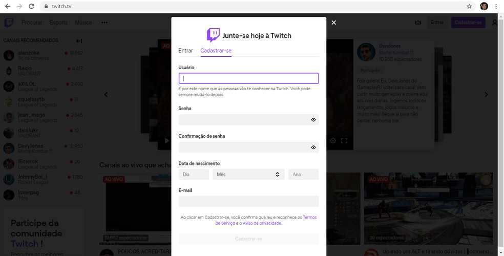 Cadastro na Twitch TV — Foto: Reprodução/Matheus Fiuza