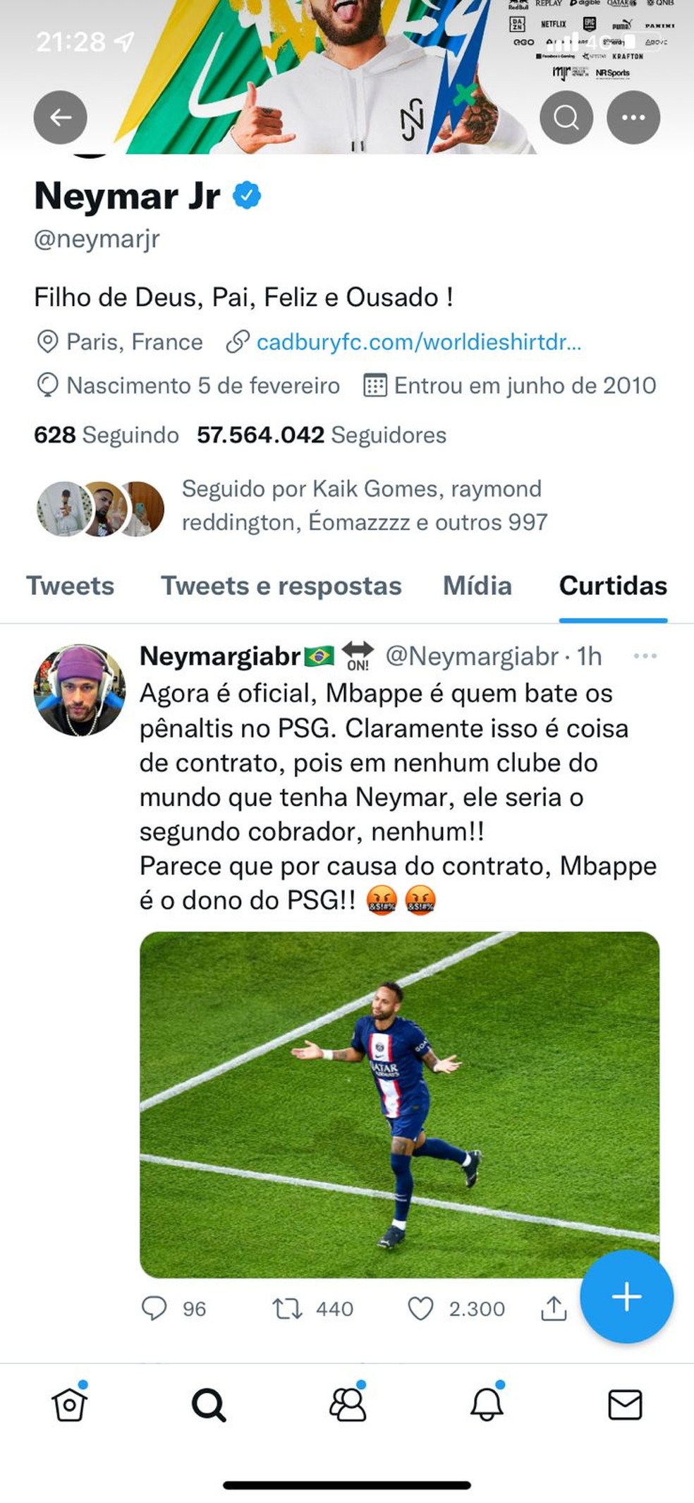 Postagem com crítica a Mbappé curtida pelo perfil oficial de Neymar — Foto: Reprodução