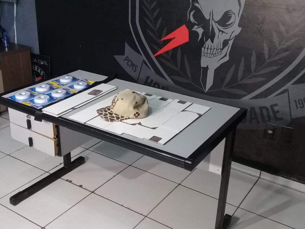Placas e adesivos apreendidos com suspeitos de golpe em MS e diversos estados — Foto: Graziela Rezende/G1 MS