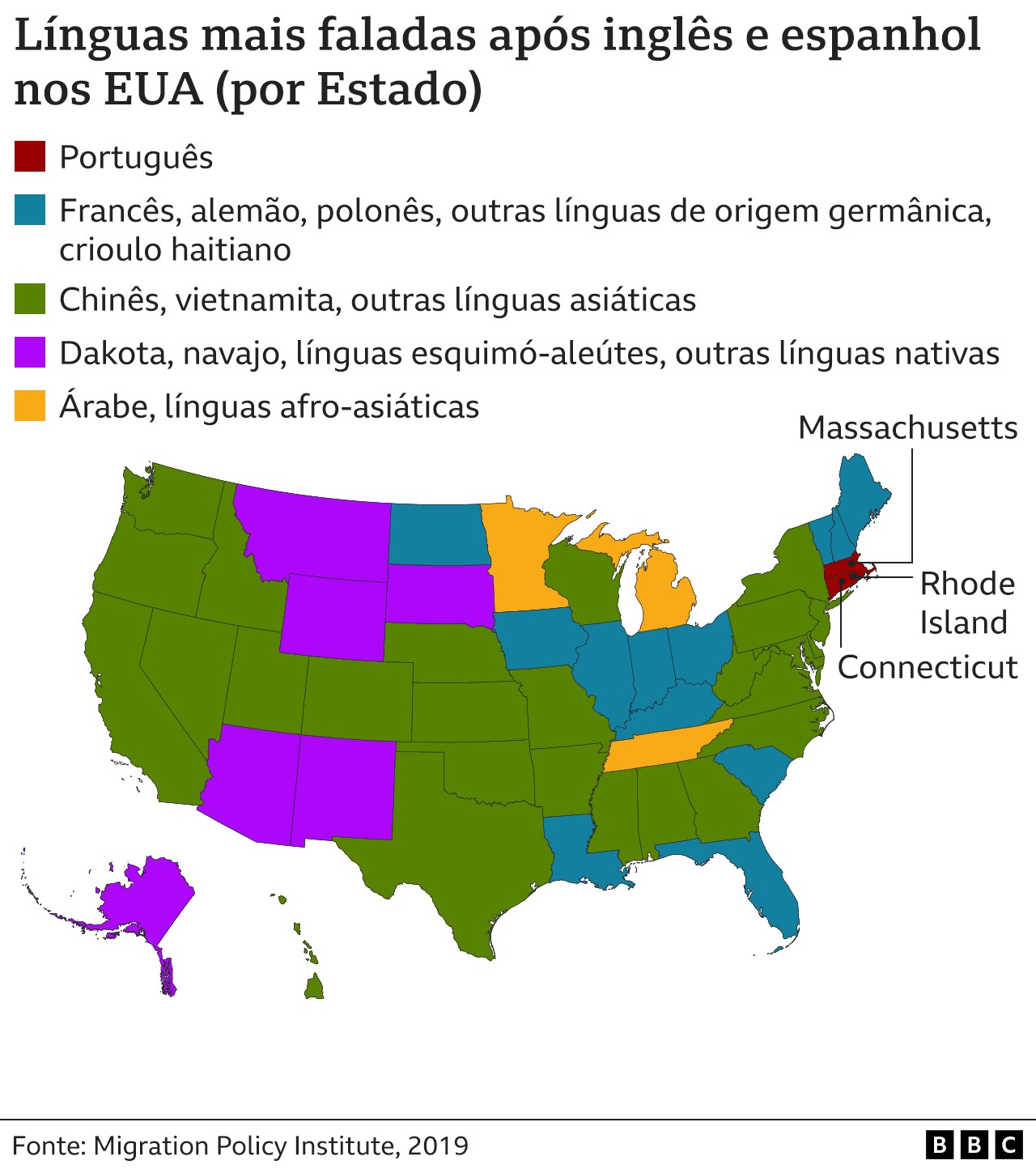 Mapa mostra línguas mais faladas nos EUA após inglês e espanhol (Foto: BBC News)