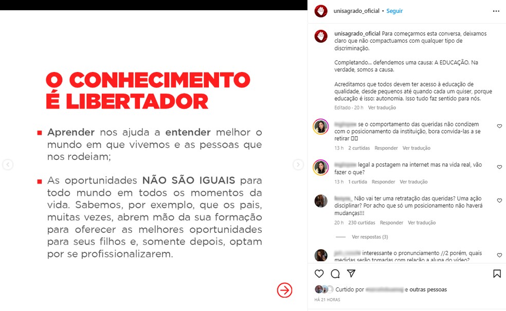 Universidade publicou nota de posicionamento horas depois do vídeo viralizar na internet — Foto: Instagram/Reprodução