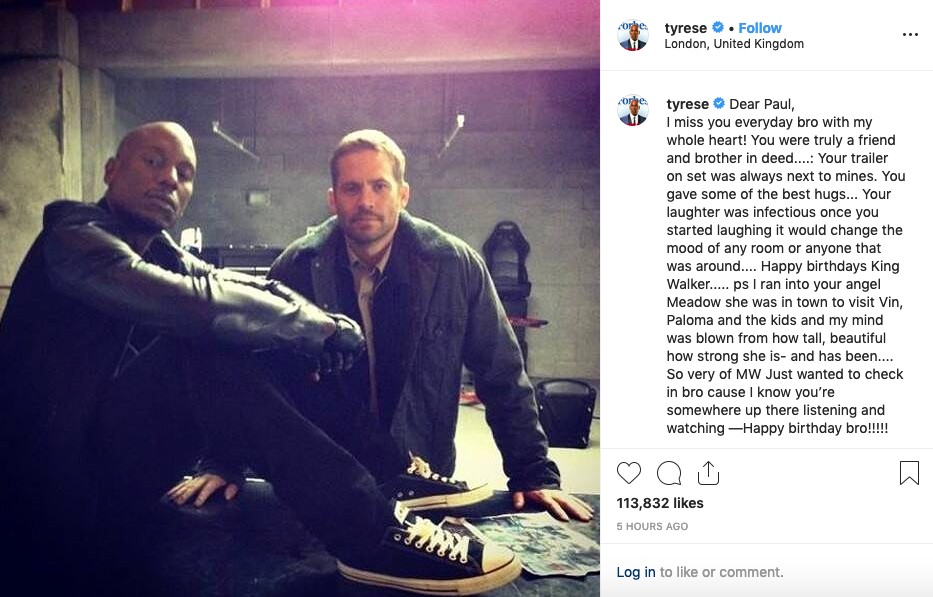 O post do rapper Tyrese celebrando a data na qual Paul Walker (1973-2013) celebraria seus 46 anos (Foto: Instagram)