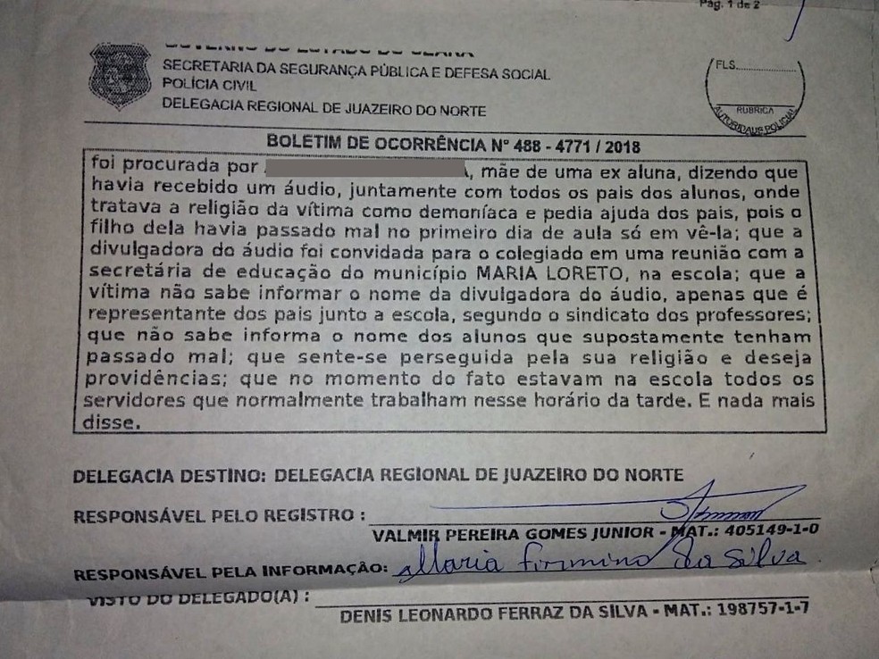 Boletim de ocorrÃªncia referente a crime contra o sentimento religioso Ã© registrado por professora na Delegacia Regional de Juazeiro do Norte. (Foto: Maria Firmino/ Arquivo Pessoal)