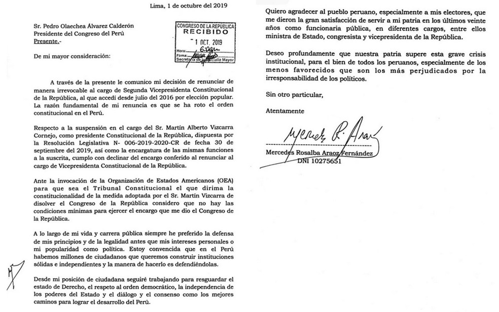 Carta de Mercedes Aráoz explica renúncia — Foto: Reprodução / Twitter / Mercedes Aráoz 