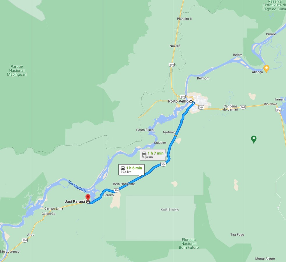 Como chegar no distrito de Jaci-Paraná, em Porto Velho — Foto: Reprodução/Google Maps
