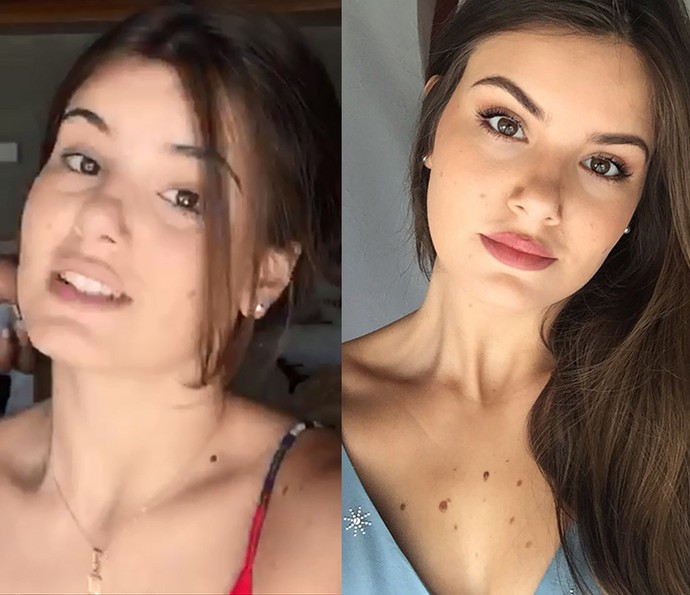 Antes e depois: Camila sem make e com a maquiagem pronta para gravar o Estrelas em Pernambuco (Foto: Ana Guerra/Rodrigo Albuquerque )