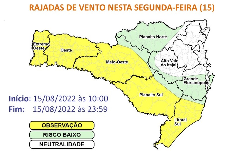 Regiões de SC devem ter rajas fortes de vento  — Foto: Defesa Civil/ Divulgação