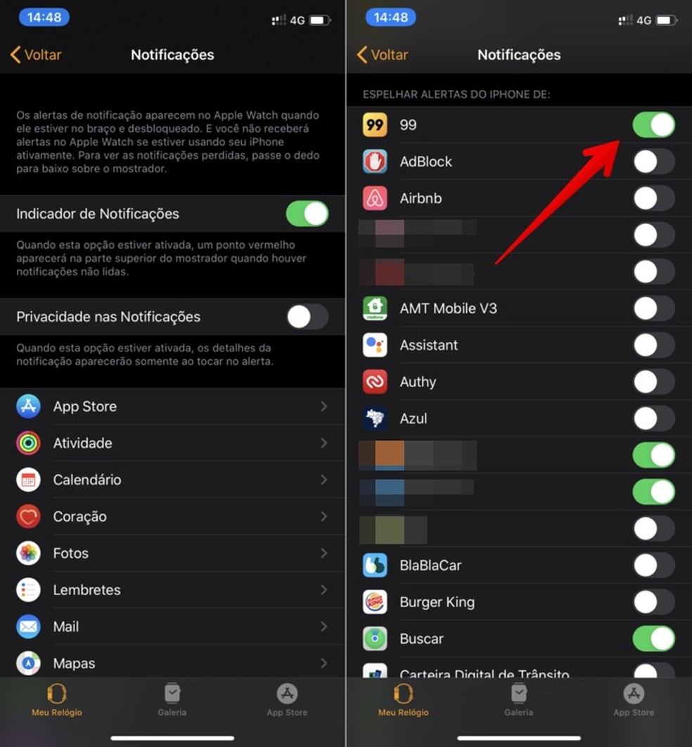 Desativando notificações de apps no Apple Watch — Foto: Reprodução/Helito Beggiora