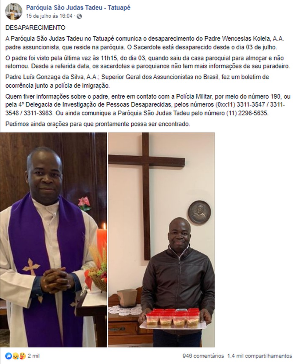 Publicação do desaparecimento do padre Quentin Venceslas Kolela, da Paróquia São Judas Tadeu, no Tatuapé, Zona Leste de São Paulo, nas redes sociais — Foto: Reprodução/Facebook