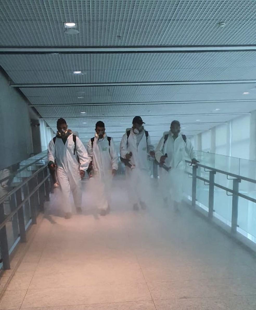 Funcionários de empresa fazem desinfecção no prédio da CLDF, após deputado comparecer a sessão infectado pelo novo coronavírus — Foto: CLDF/ Divulgação