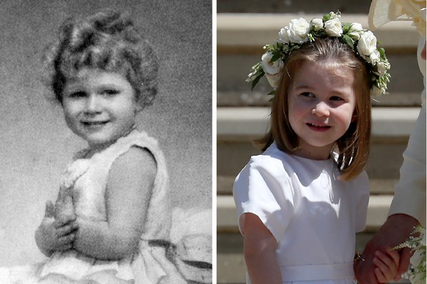 A Rainha Elizabeth 2ª em foto de quando tinha 4 anos e a bisneta dela, Princesa Charlotte, filha do Príncipe William (Foto: Getty Images)