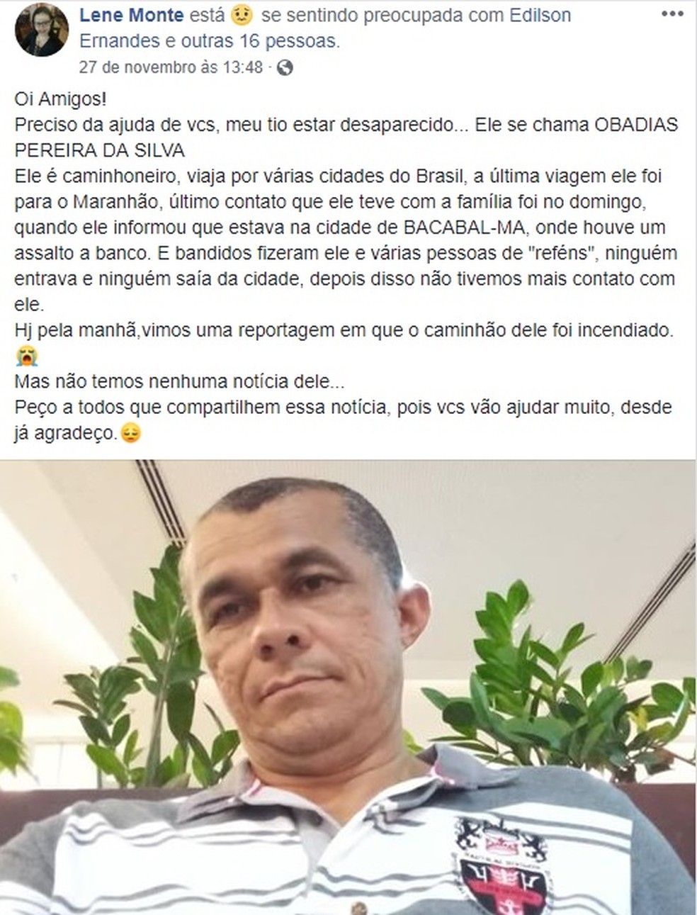 Sobrinha de Obadias faz campanha nas redes sociais na busca por notícias do tio — Foto: Reprodução/Redes sociais