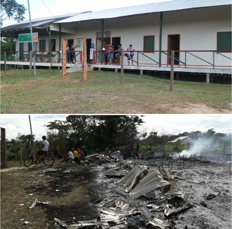 Imagens mostram como a escola era antes de ser incendiada (Foto: Arquivo Pessoal e Divulgação Corpo de Bombeiros do Acre)