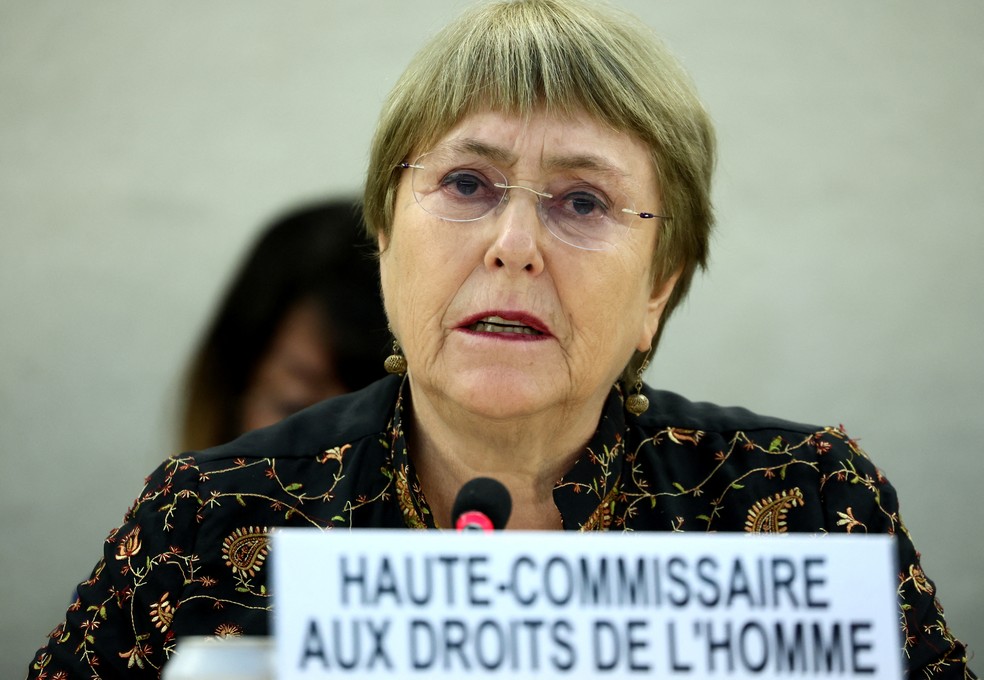 A Alta Comissária da ONU para os Direitos Humanos, Michelle Bachelet, em sessão de abertura do Conselho de Direitos Humanos, em Genebra, em 13 de junho de 2022.  — Foto: Denis Balibouse/ Reuters