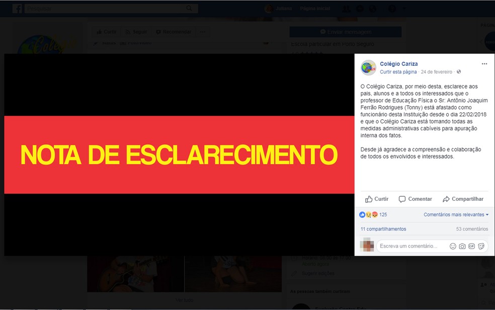 Nota de esclarecimento de colégio onde teria ocorrido assédio (Foto: Reprodução/ Facebook)