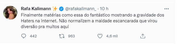 Rafa Kalimann desabafa sobre haters (Foto: Reprodução/Twitter)