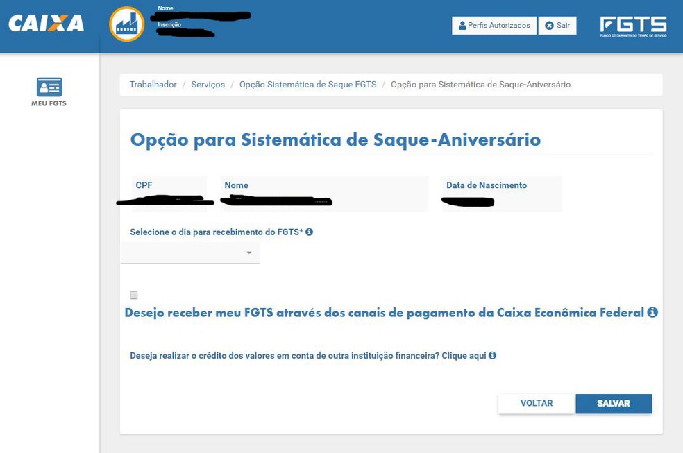 Tela para aderir ao saque-aniversário do FGTS  — Foto: Reprodução