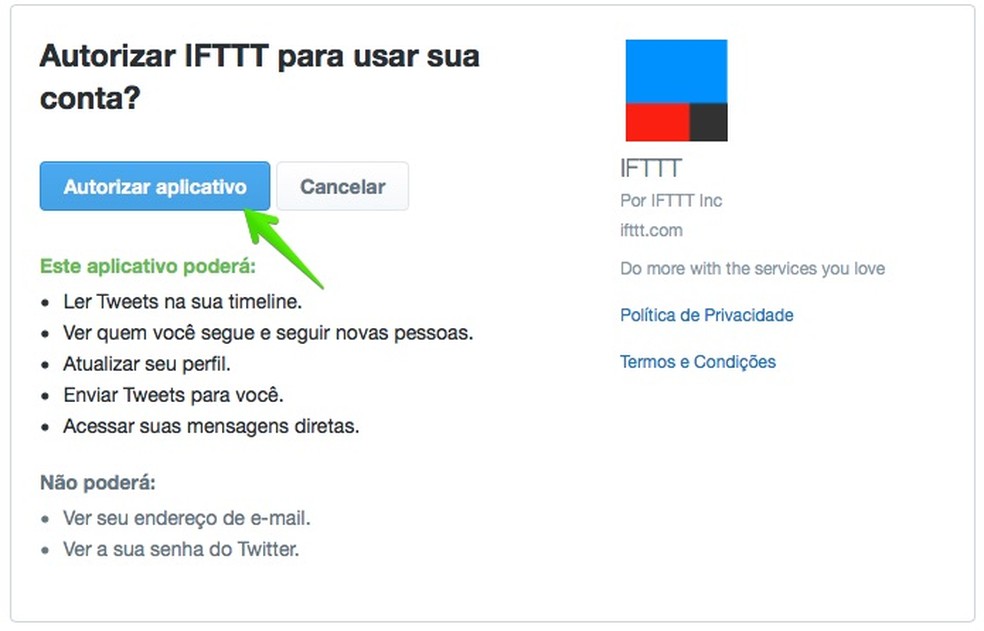 Permita que o IFTTT acesse o seu Twitter (Foto: Reprodução/Helito Bijora)