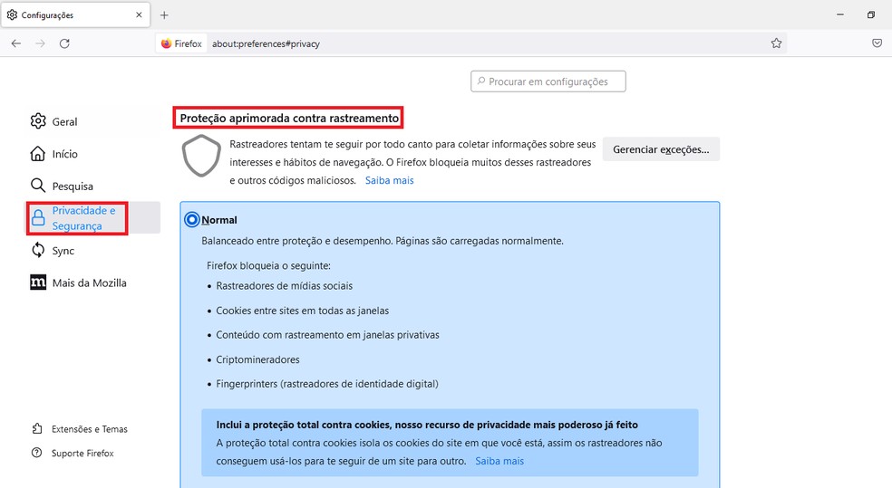 Firefox tem modo de proteção aprimorada contra rastreamento — Foto: Reprodução/Juliana Campos