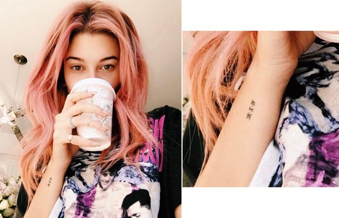 Modelo Hailey-Baldwin com tatuagem no braço (Foto: Getty Images e Reprodução/Instagram)