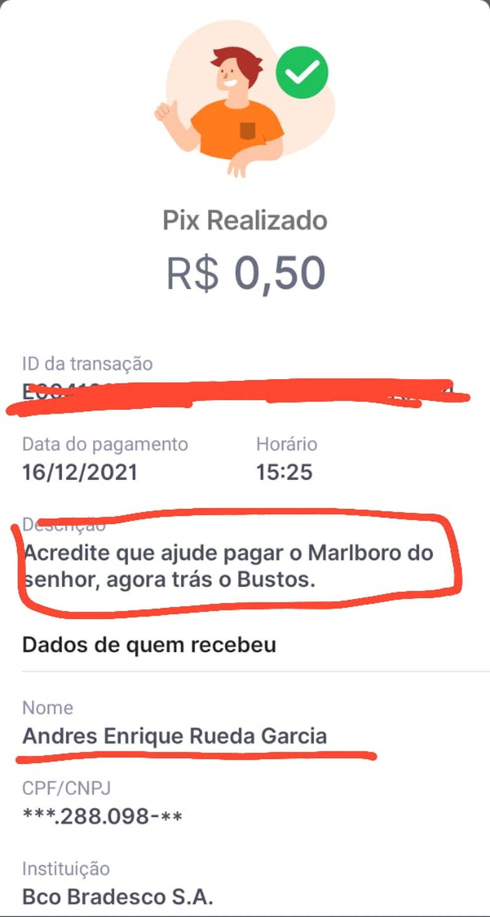Comprovante de dep&oacute;sito para o presidente do Santos, Andres Rueda &mdash; Foto: Reprodu&ccedil;&atilde;o/Twitter