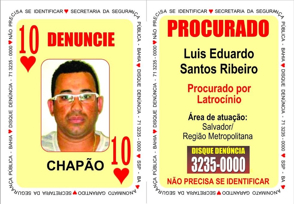 Chapão era o 10 de Copas do Baralho do Crime da SSP, ferramenta que reúne os criminosos mais procurados Bahia — Foto: SSP/ Divulgação