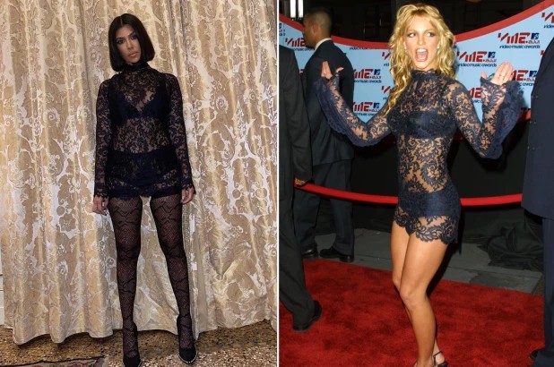 Kourtney Kardashian prestou homenagem a Britney Spears com o mesmo vestido de renda Dolce & Gabbana que a pop star usou no VMA de 2001 (Foto: Reprodução Instagram/ Getty Images)